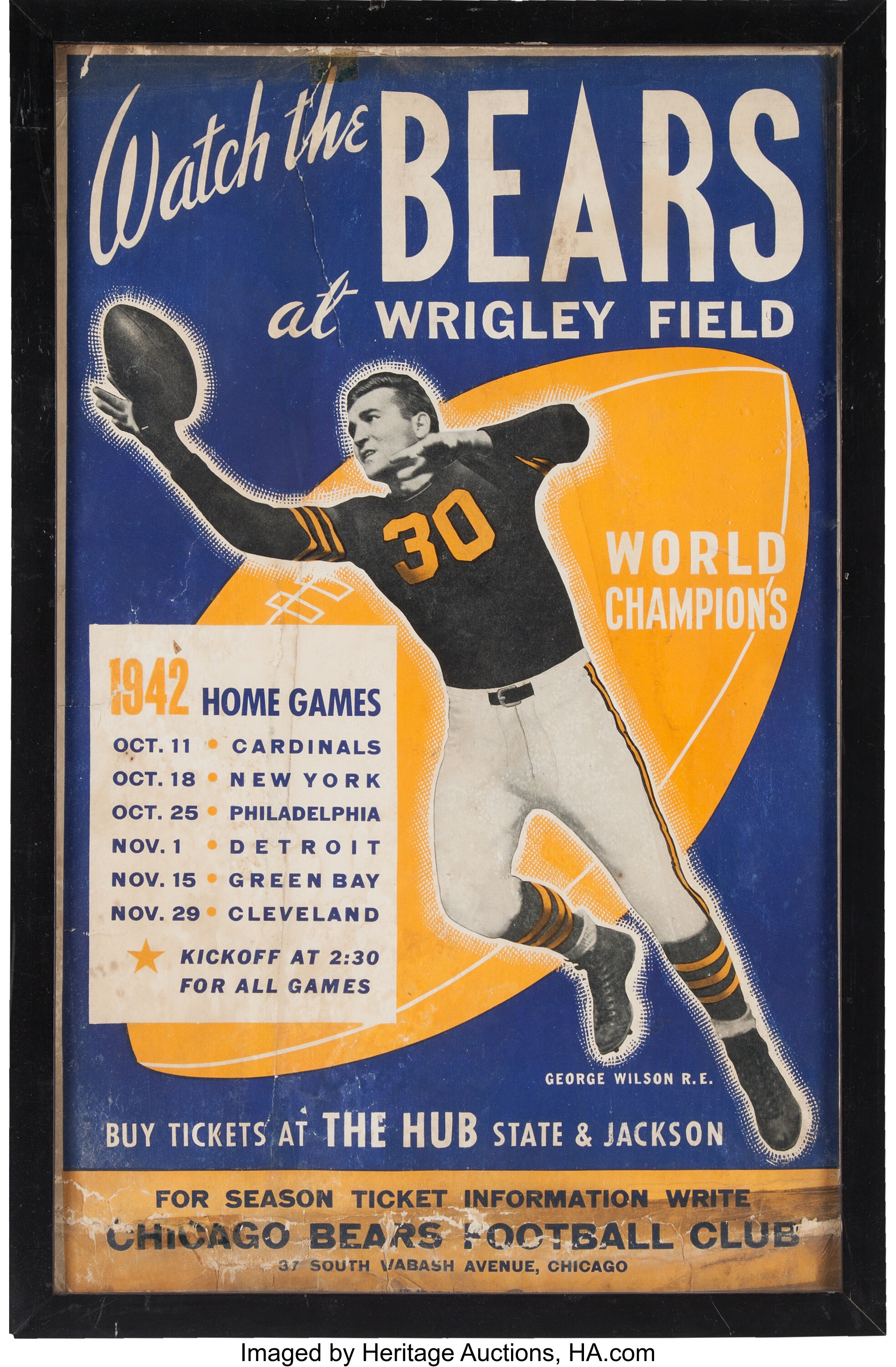 1942 Chicago Bears Schedule Broadside - Picturing George Wilson., Lot  #83637