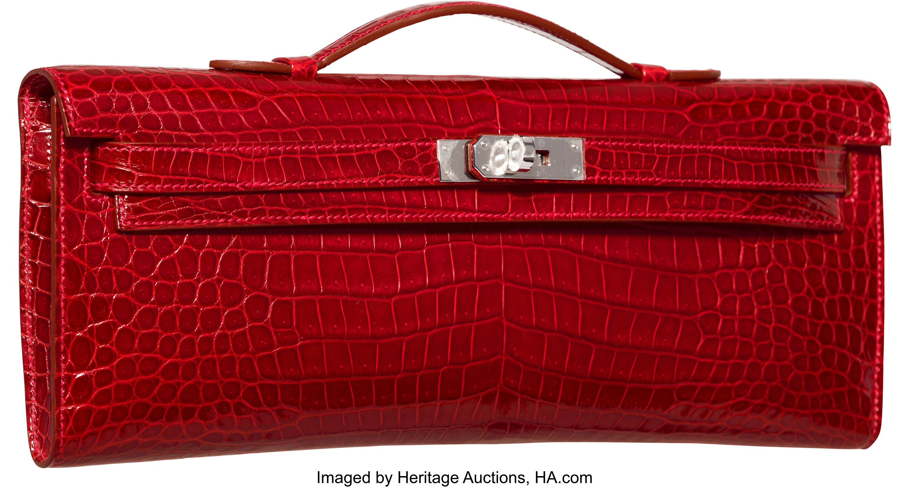 Hermes Shiny Rouge Vif Porosus Crocodile Kelly Cut Clutch Bag with