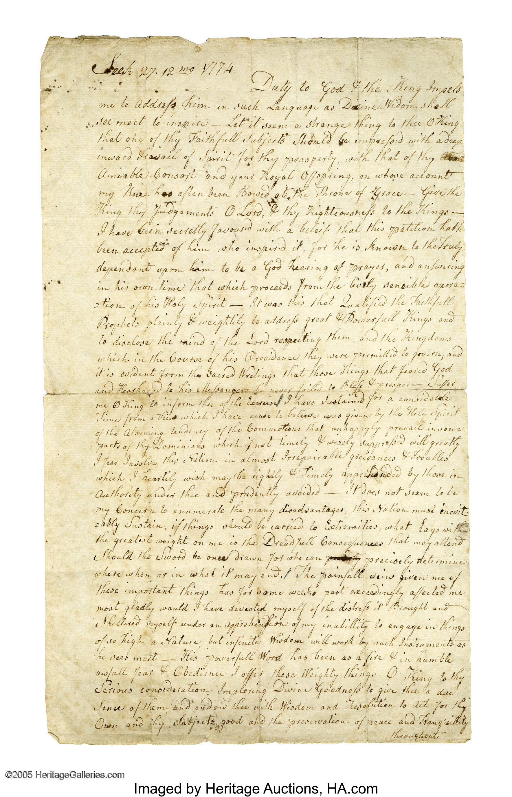 A petition to King George III for lenience toward the Colonies. An ...