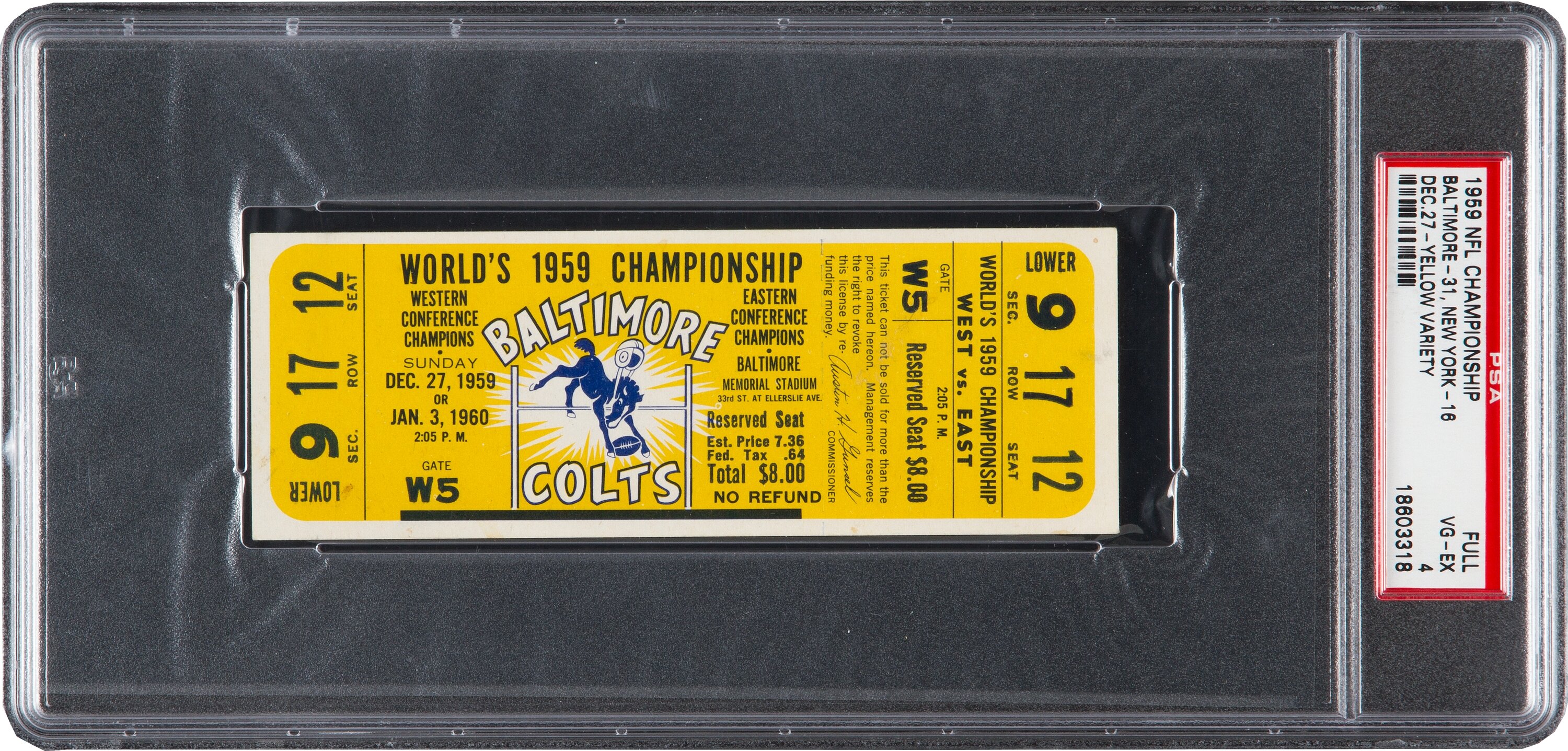 1959 NFL Championship Game Colts Vs. Giants Full Ticket PSA PR-FR