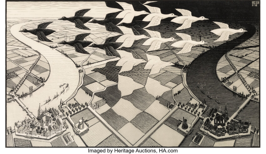 M. C. Escher (1898-1972). Day and Night, 1938. Woodcut on Japan