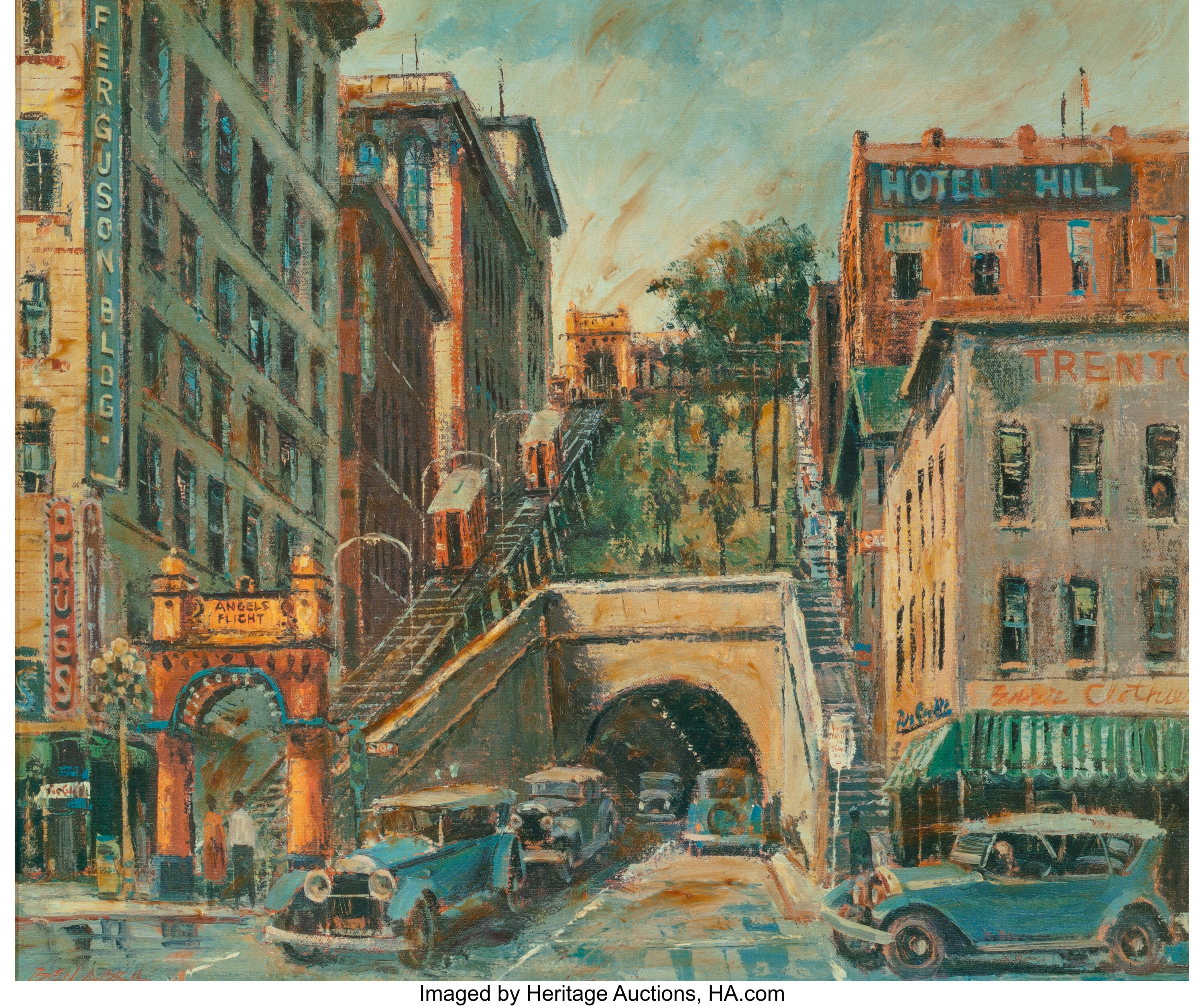 Ben Abril (American, 1923-1995). Angels Flight, Los Angeles. Oil on ...