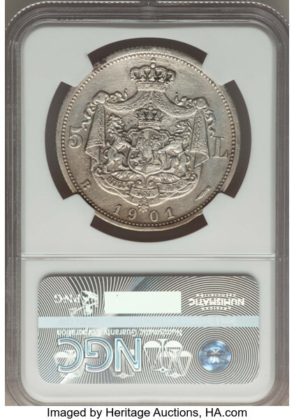 Romania: Carol I 5 Lei 1884-B AU55 NGC, Romania, Lot #31513