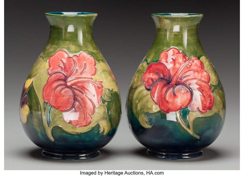 A Pair Of Moorcroft Pottery Vases With Hibiscus Motif Burslem