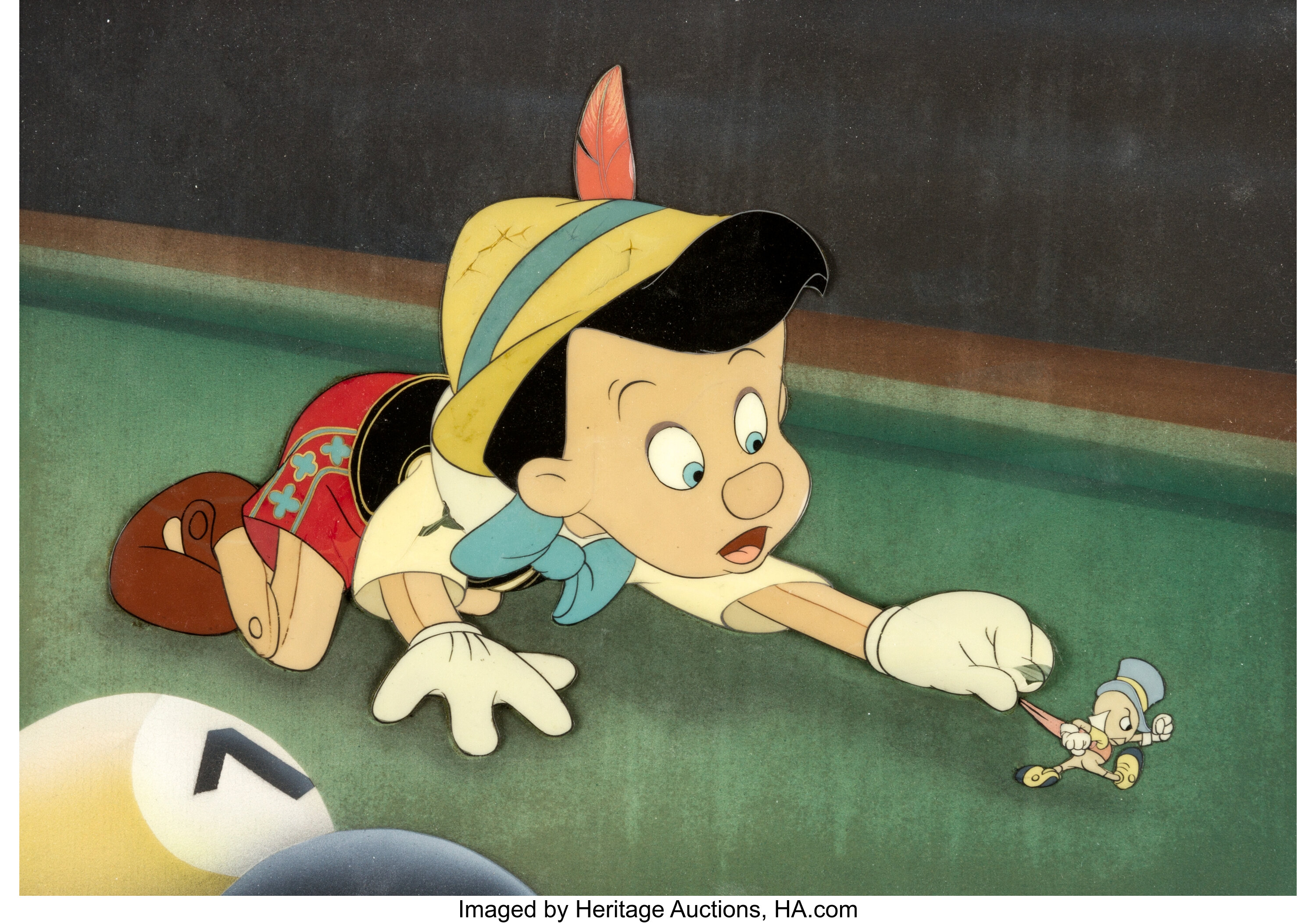 Pinocchio and Jiminy Cricket Production Cel and Custom Background