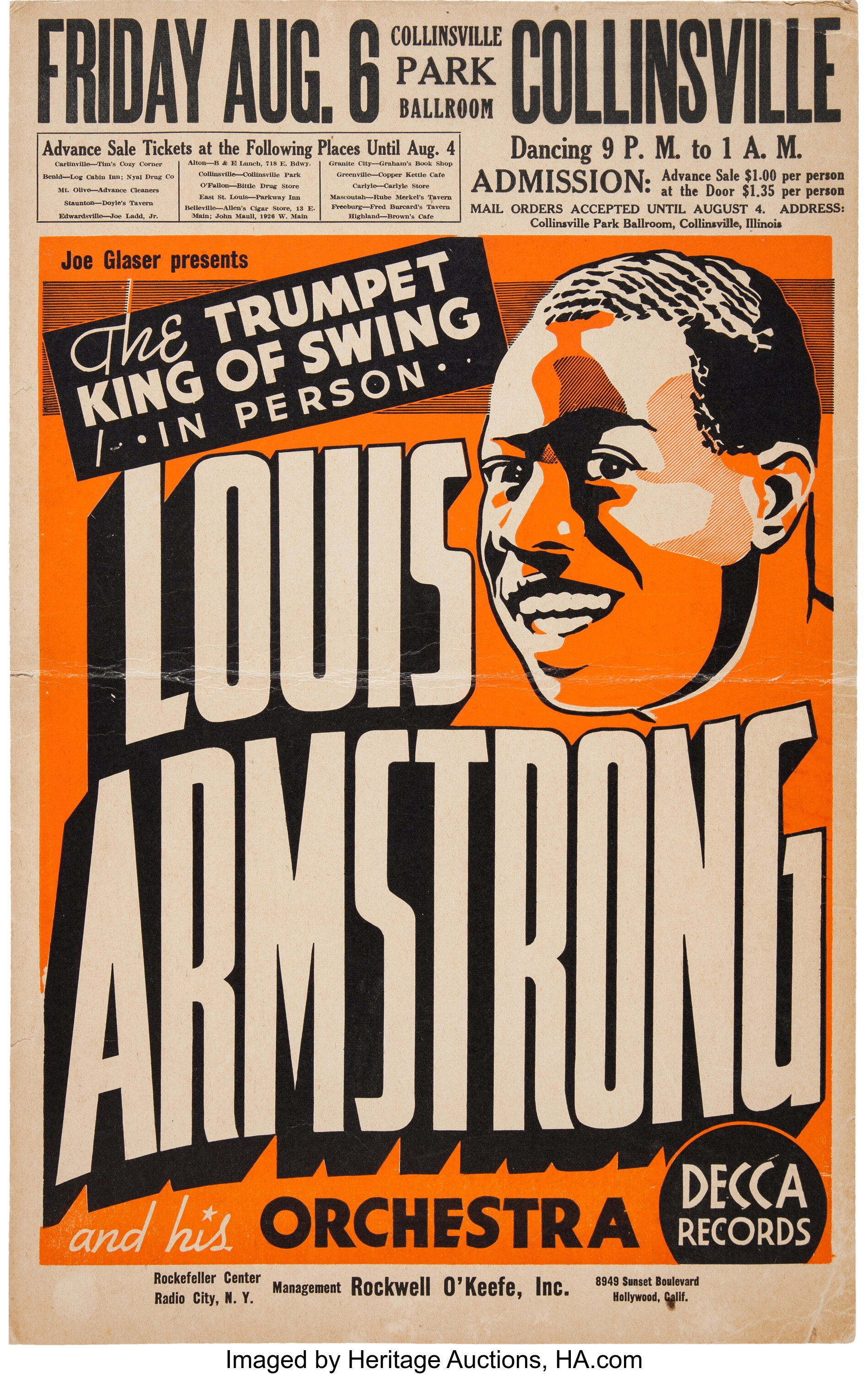 Louis Armstrong Concert Poster (Joe Glaser Presents,1937), Rare ...