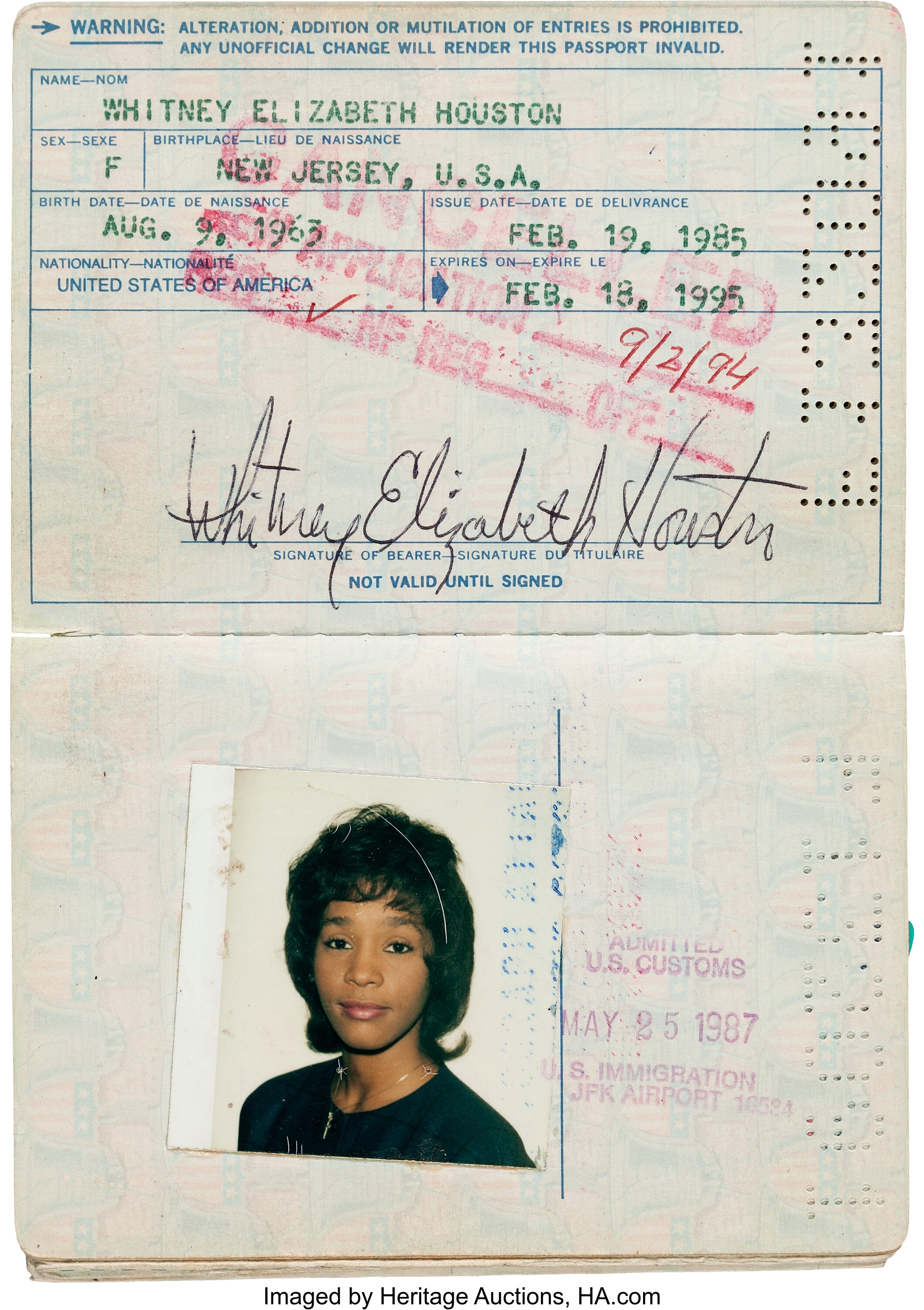 Whitney Houston Early US Passport Signed, 1985.... Music Lot 89001