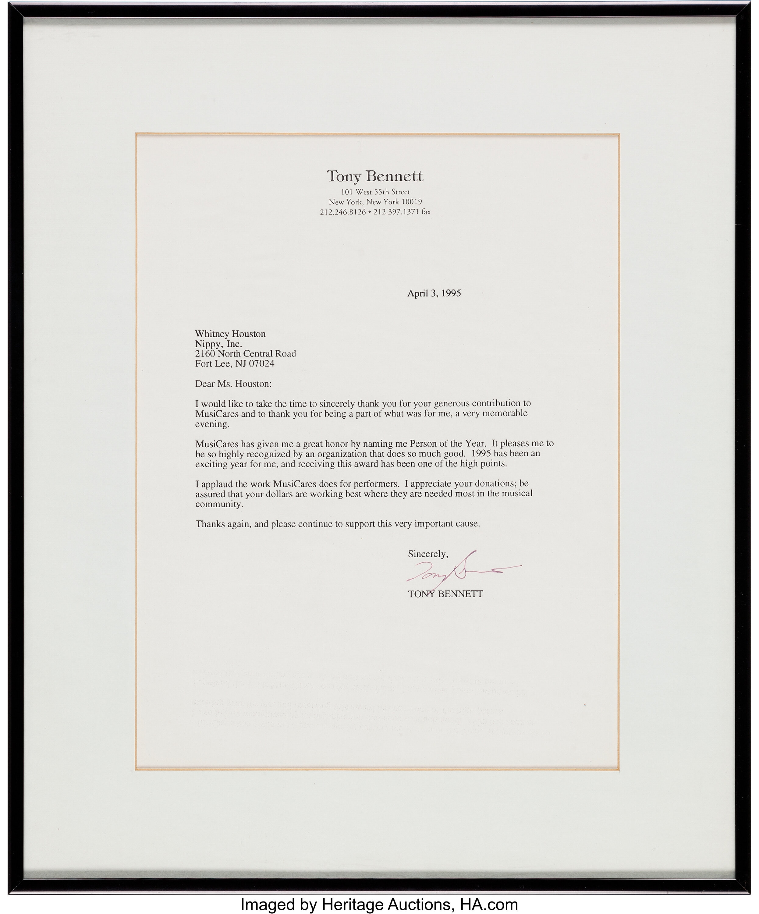 Whitney Houston - Typed Letter Signed From Tony Bennett, 1995