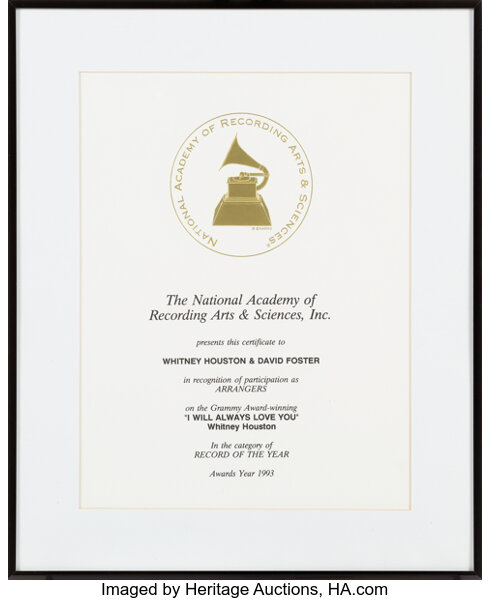 Whitney Houston David Foster Naras Recognition Certificate For I Lot 050 Heritage Auctions