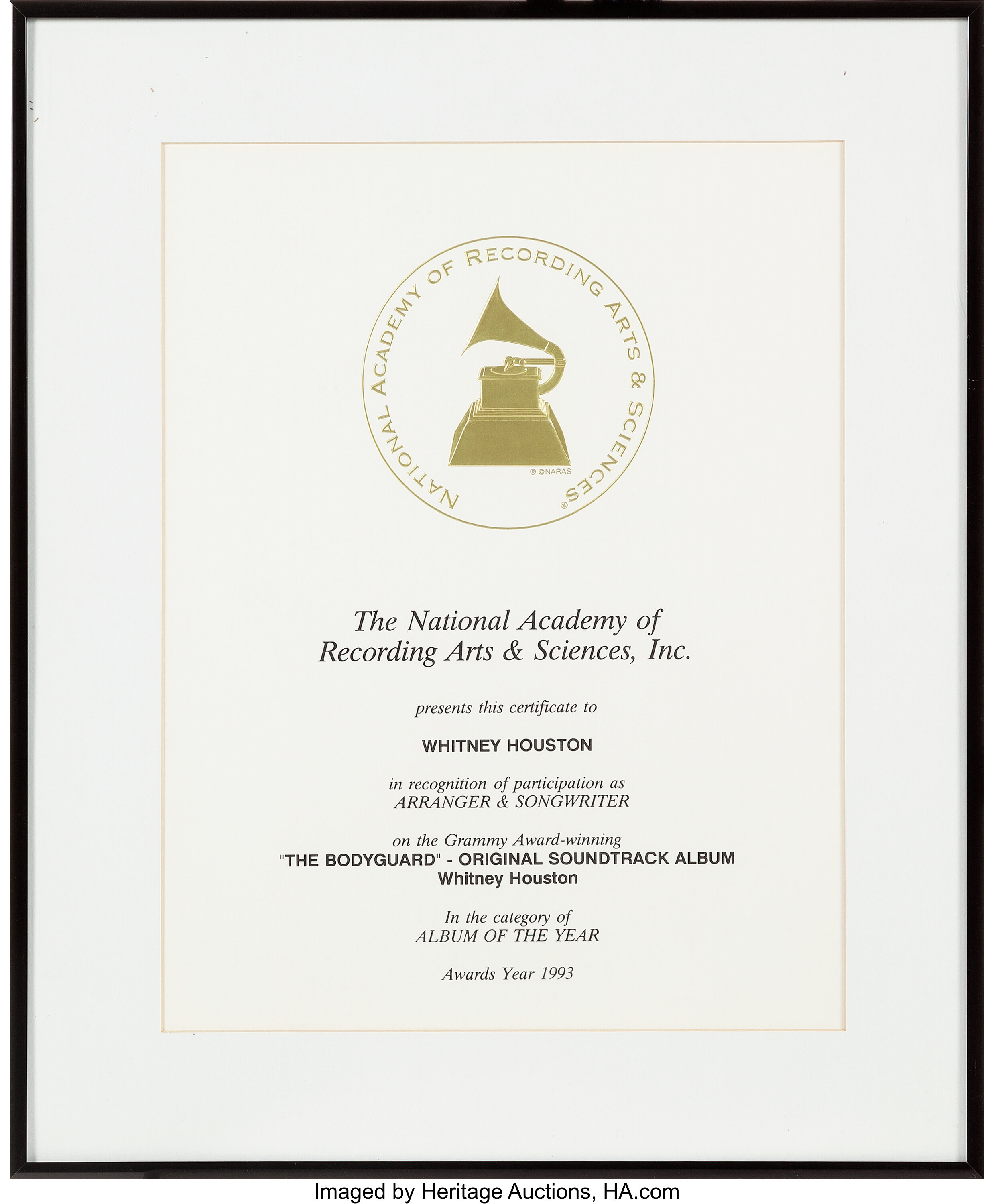 Whitney Houston Naras Certificate For The Bodyguard 1993 Music Lot 053 Heritage Auctions