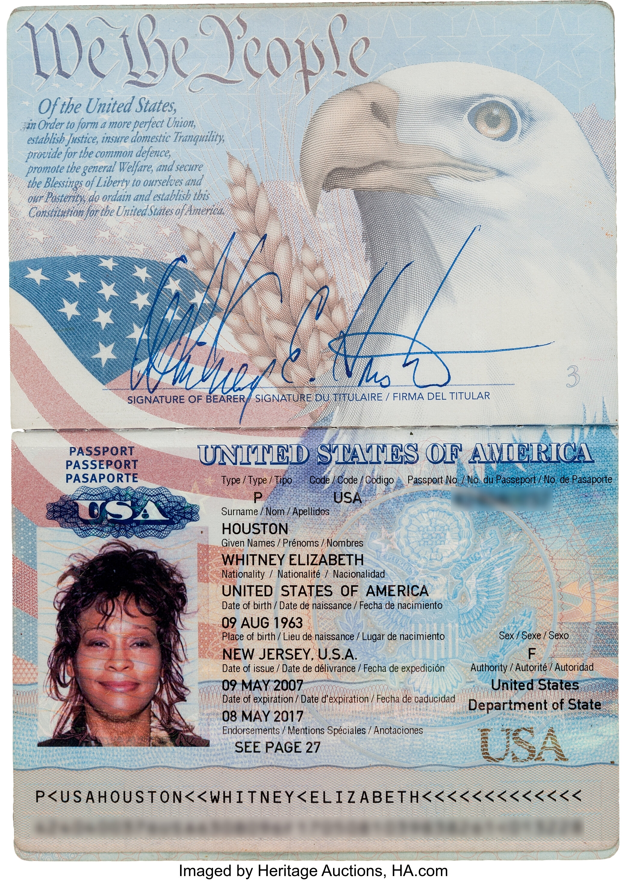 Whitney Houston Signed Us Passport 2007 Music Memorabilia Lot 89112 Heritage Auctions 6459