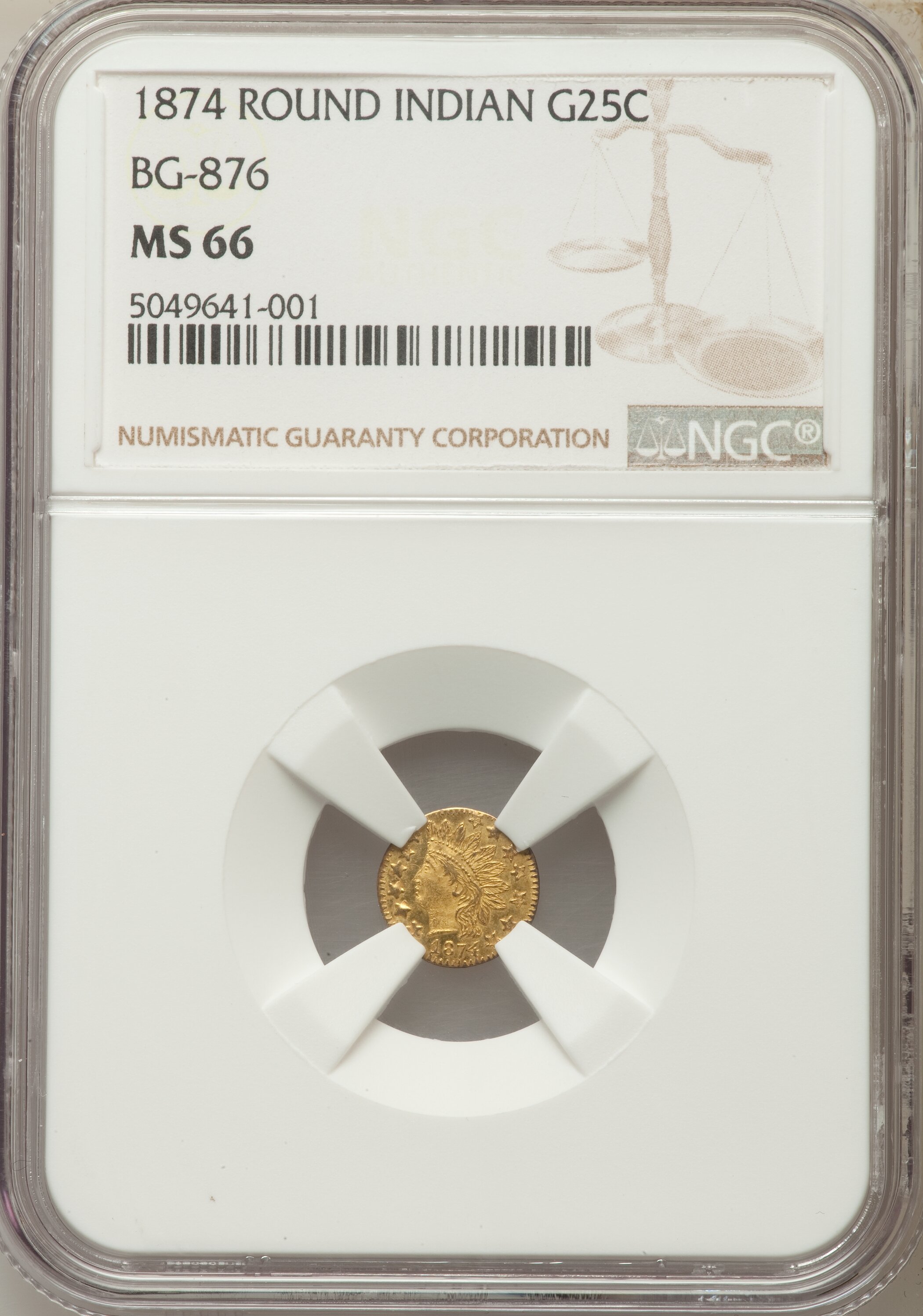 1874 25C Indian Round 25 Cents, BG-876, Low R.4, MS66 NGC