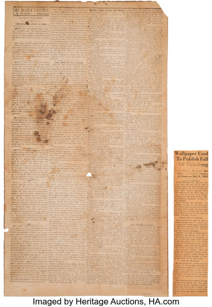 Vicksburg Daily Citizen: Original July 2, 1863 Wallpaper Issue.... | Lot  #43514 | Heritage Auctions