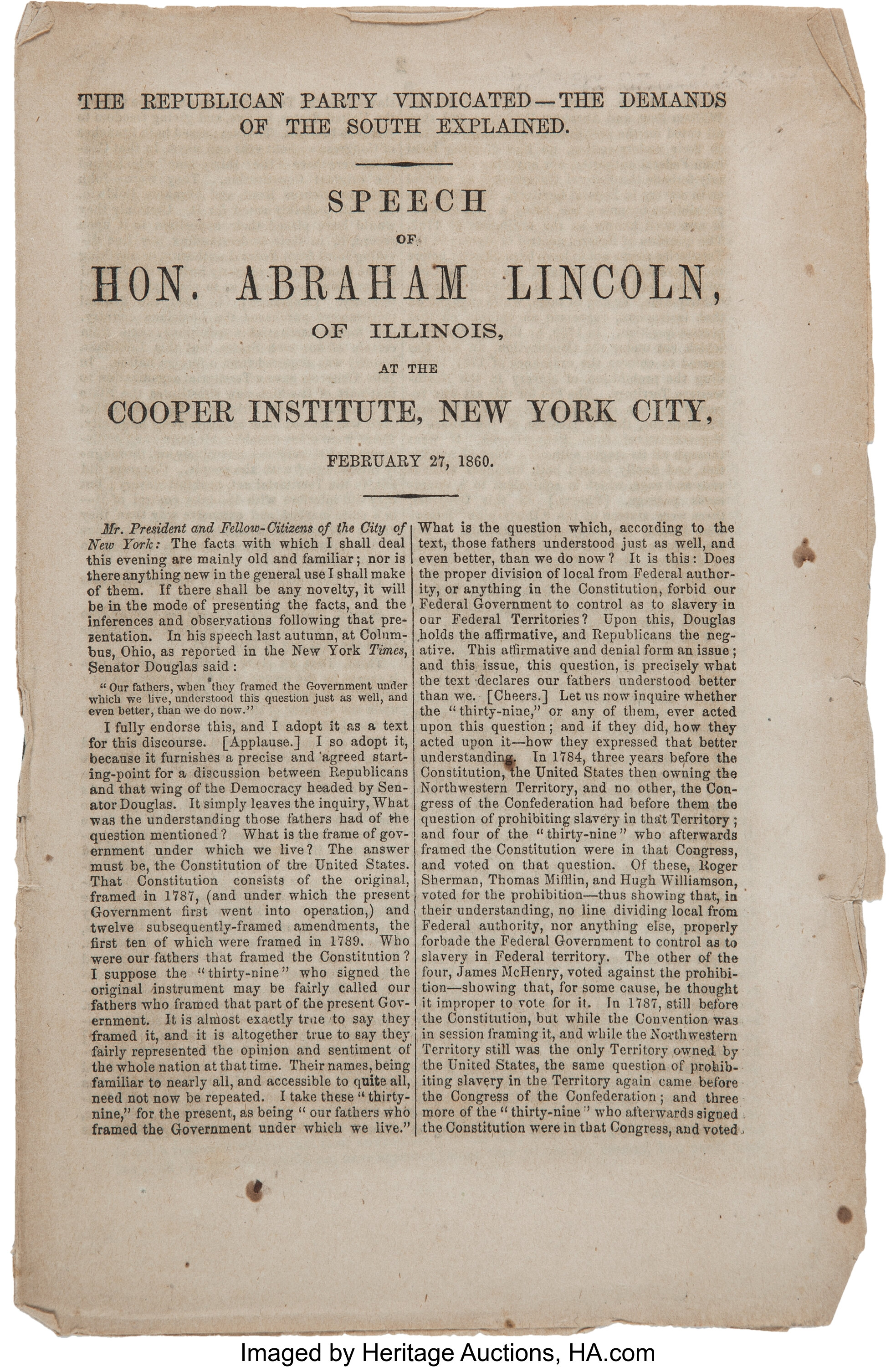 Abraham Lincoln Cooper Union Address Imprint Political Small Lot 43607 Heritage Auctions