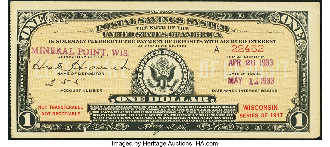 Postal Savings System Certificate 1 Series 1917 Mineral Point Lot