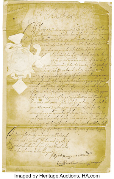 Very Important King Charles Ii Signed Document Regarding The Order Lot Heritage Auctions