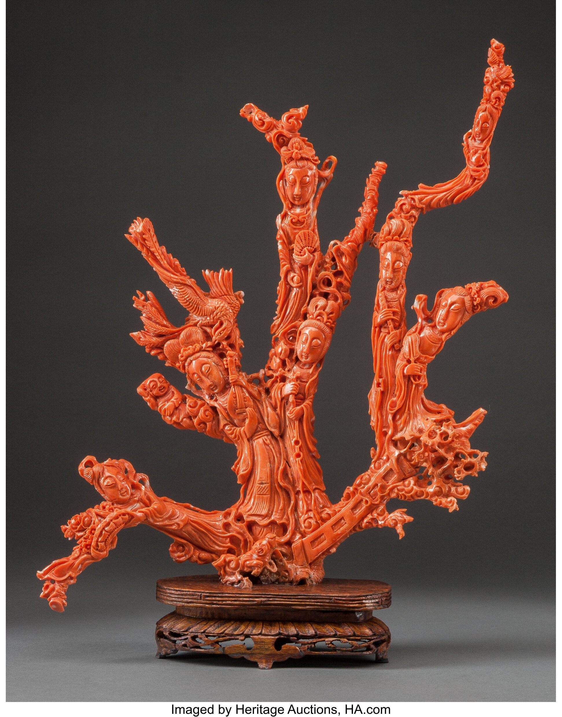 A Chinese Carved Coral Figural Group with Stand: Court Ladies. | Lot ...