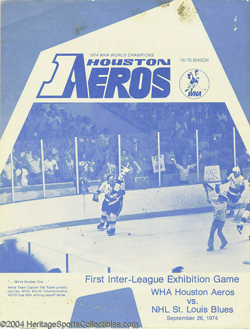 1974 WHA-NHL Inter-League Exhibition Program Houston Aeros , Lot #10154