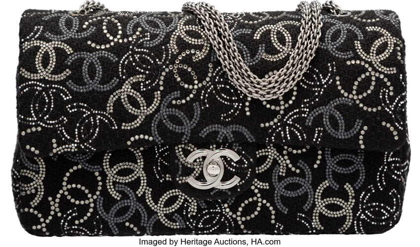 Chanel Strass Swarovski Crystal Medium Classic Double Flap Bag in Black Tweed | Dearluxe