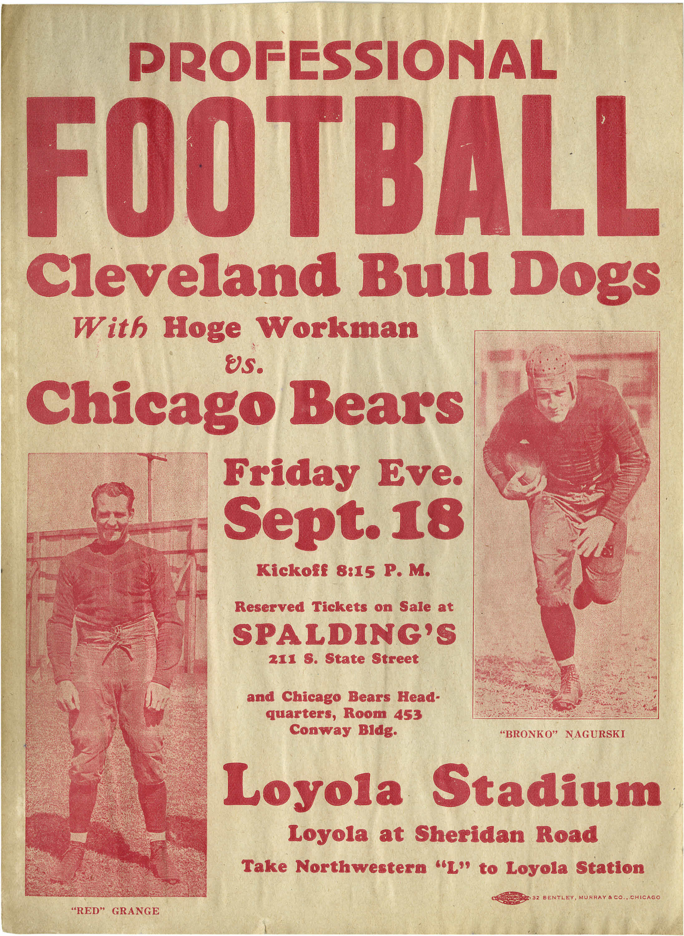 1929 Chicago Bears Schedule Broadside with Red Grange. Before the