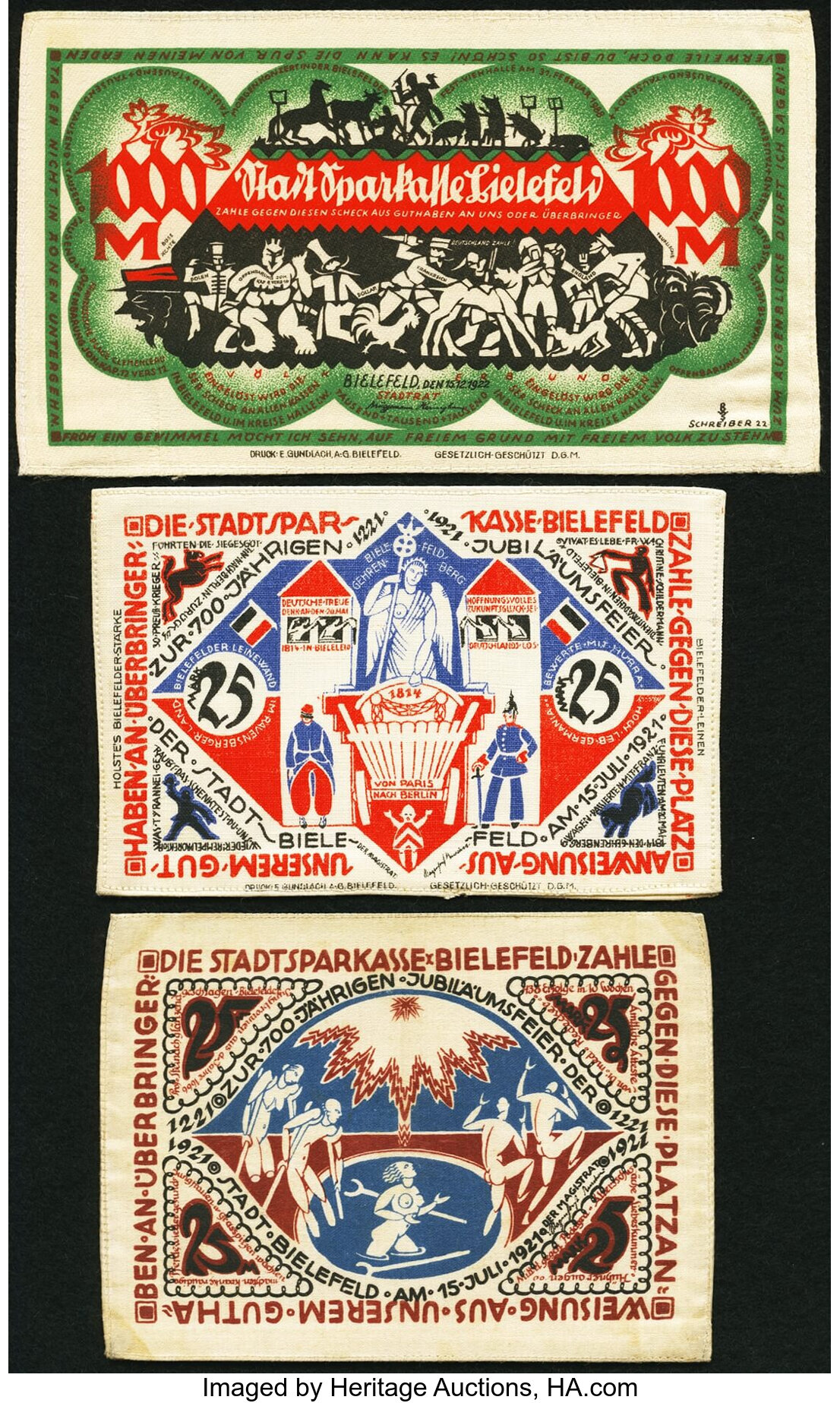 Germany Bielefeld Cloth Notgeld 25; 25; 1000 Mark 1921-22