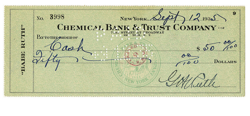 1935 Babe Ruth Double-Signed Check. Those following the memorabilia, Lot  #19023