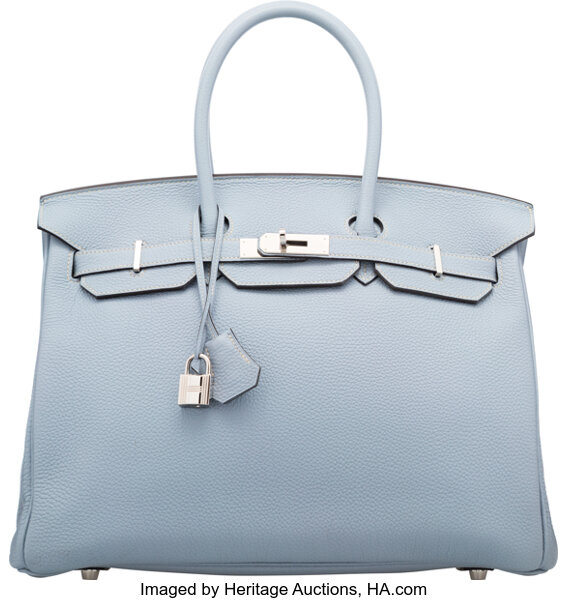 Hermes 35cm Blue Lin Togo Leather Birkin Bag with Palladium