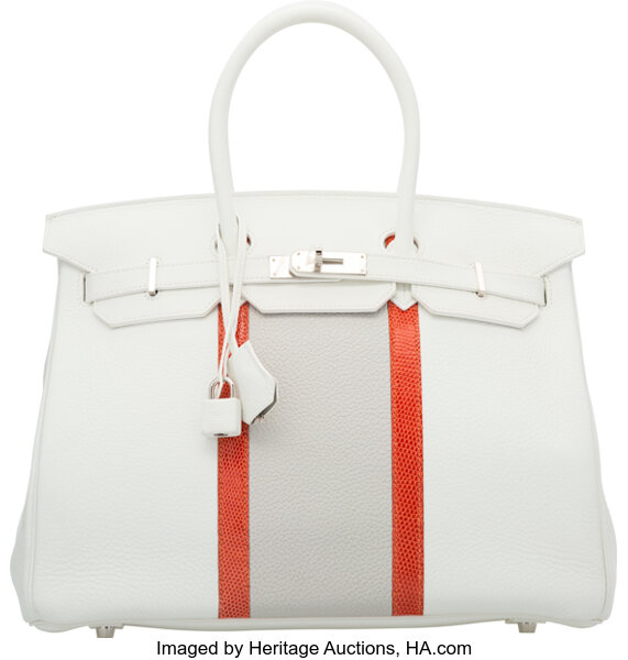 Hermes Limited Edition 35cm White & Gris Perle Clemence Leather and, Lot  #58140