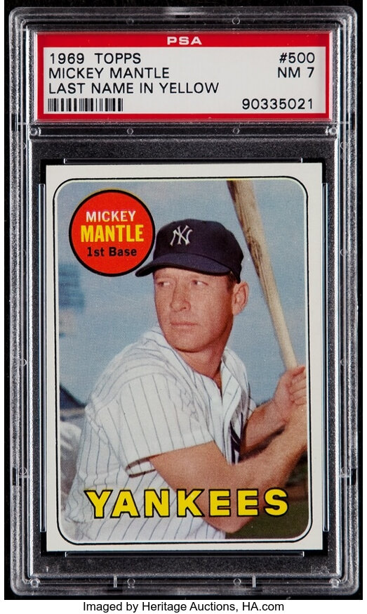 1969 Topps Mickey Mantle, Last Name In Yellow #500 PSA NM 7., Lot  #41075