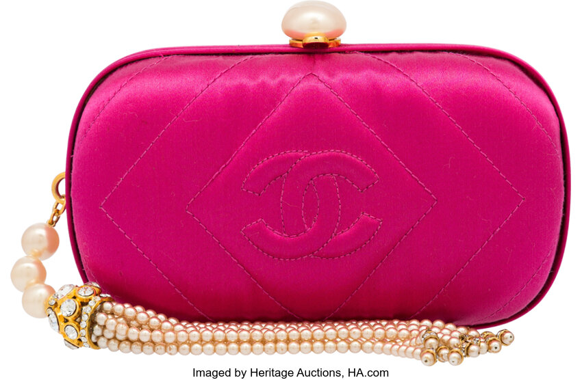 Chanel Pink Satin Clutch Bag with Pearl Tassel. Very Good to