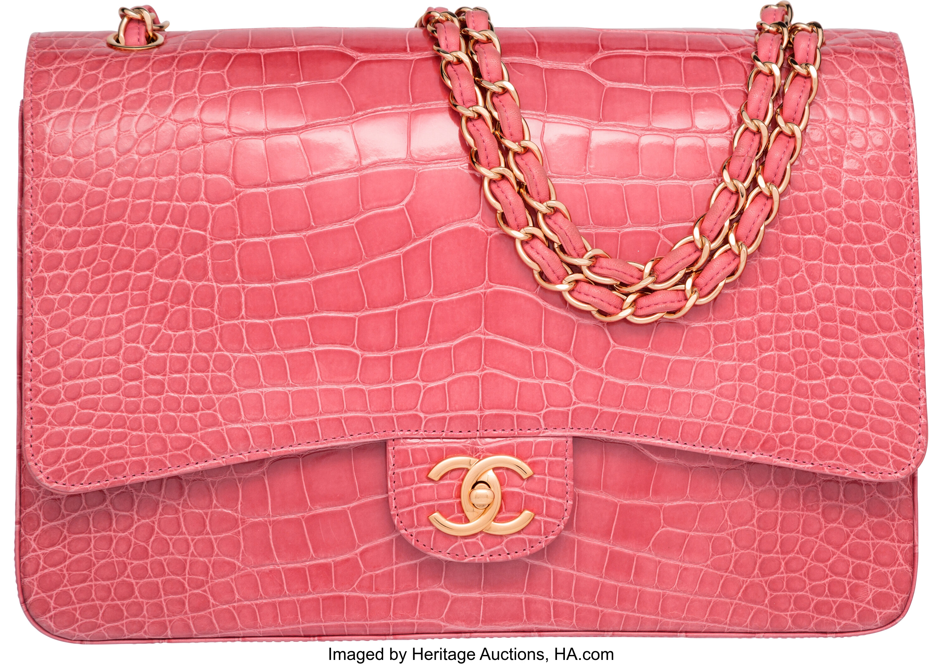 Chanel Shiny Pink Alligator Maxi Double Flap Bag with Gold | Lot #58056 |  Heritage Auctions