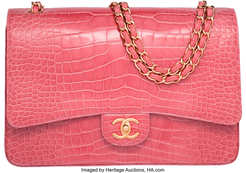 Chanel Shiny Pink Alligator Maxi Double Flap Bag with Gold, Lot #58056