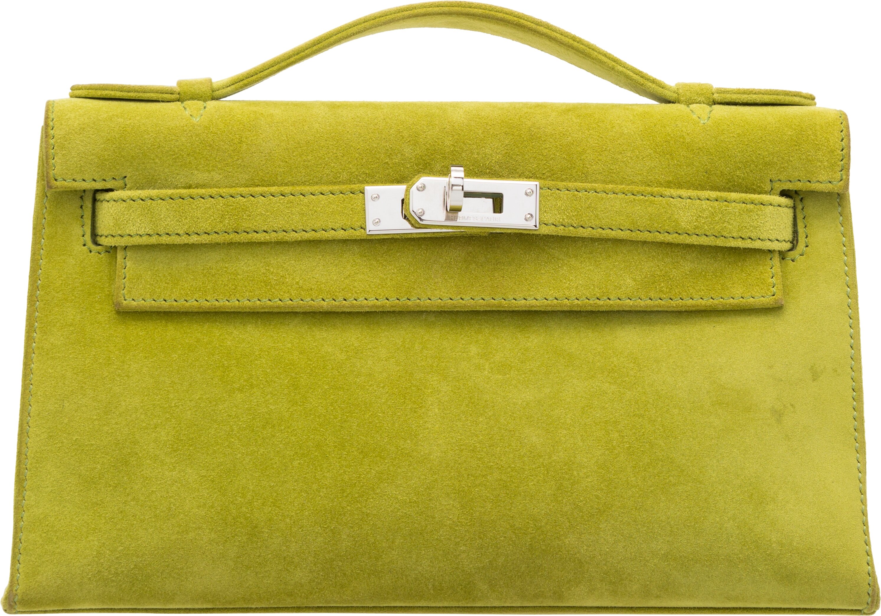 Kelly Pochette in Anis Green Doblis Suede with Silver hardware