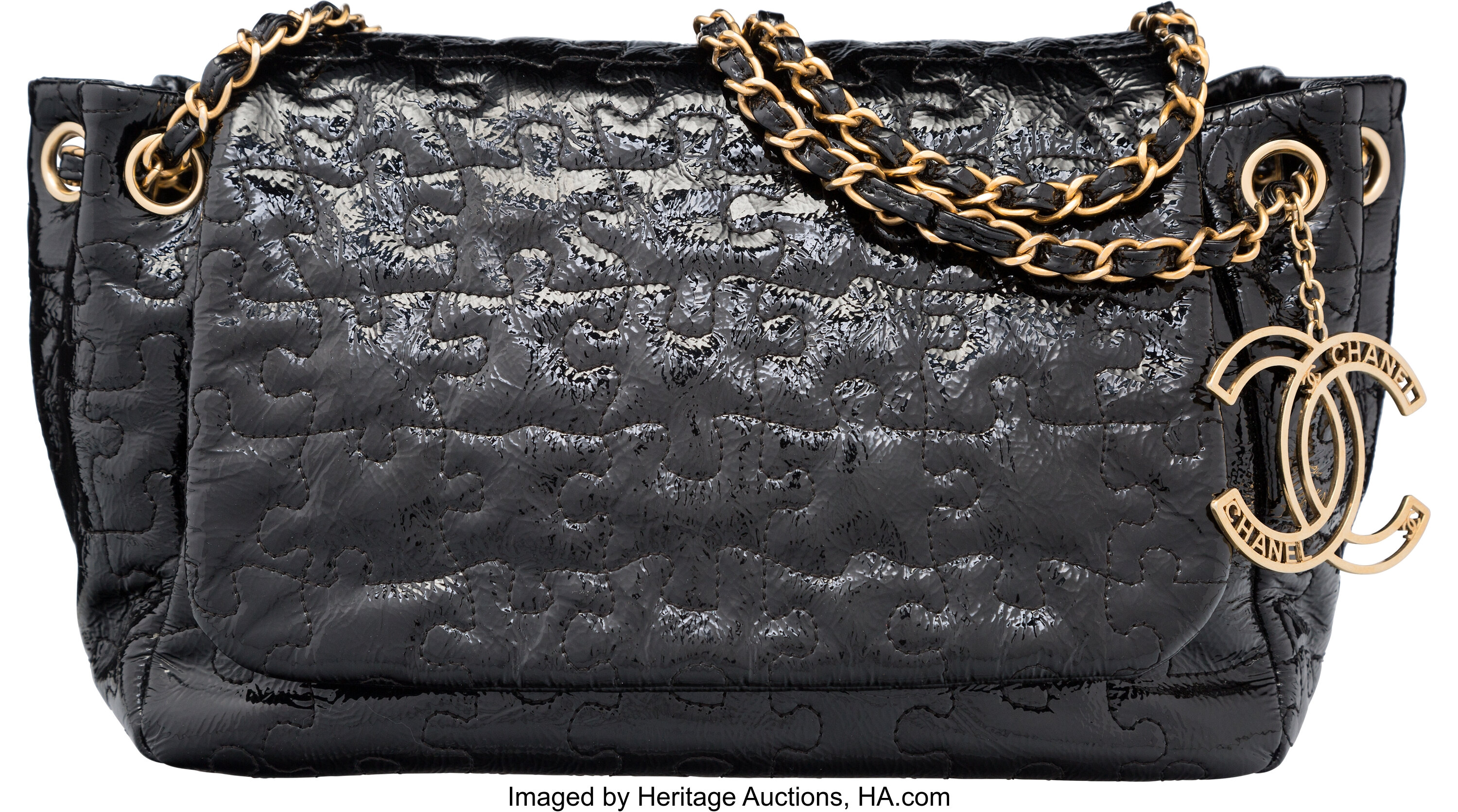 Chanel Black Quilted Patent Leather Puzzle Shoulder Bag with Gold