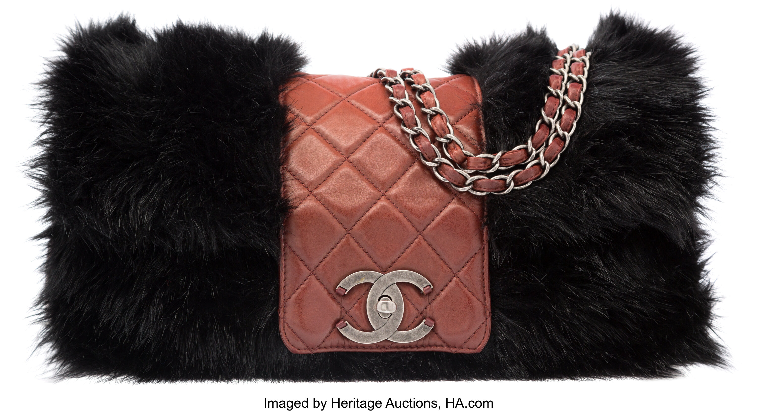 Chanel Brown Quilted Distressed Lambskin Leather & Black Faux Fur