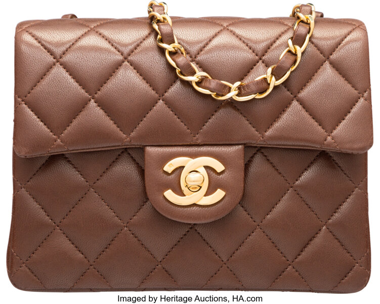 Chanel Brown Quilted Lambskin Leather Mini Single Flap Bag with, Lot  #58045