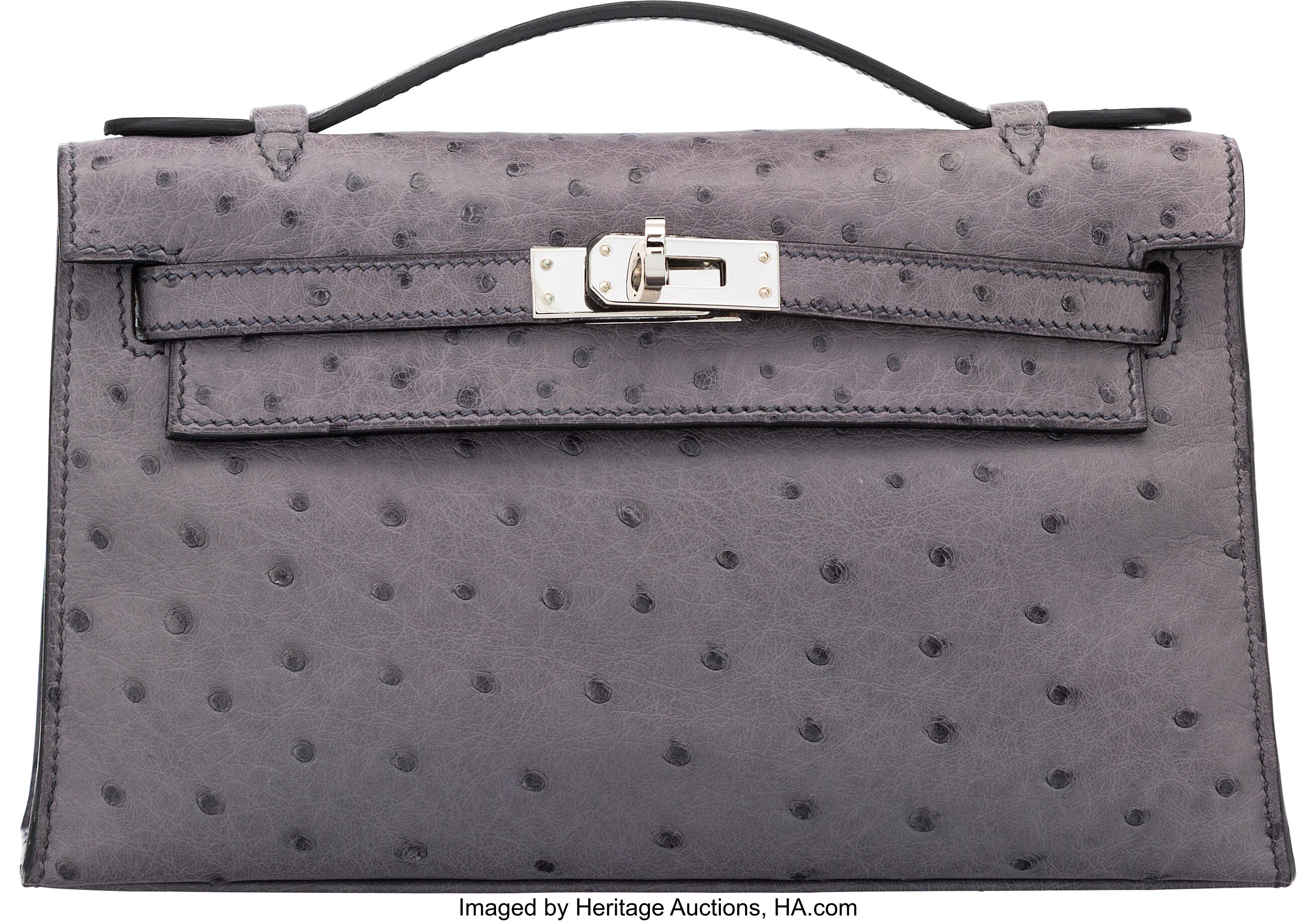 Hermes Gris Agate Ostrich Kelly Pochette Bag with Palladium, Lot #58133