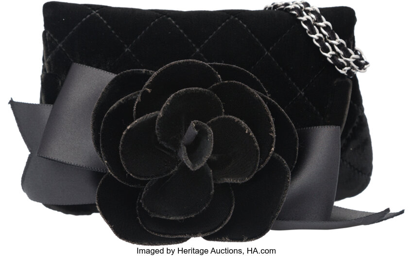 Chanel Satin Camellia Clutch Bag - black/white/silver For Sale at