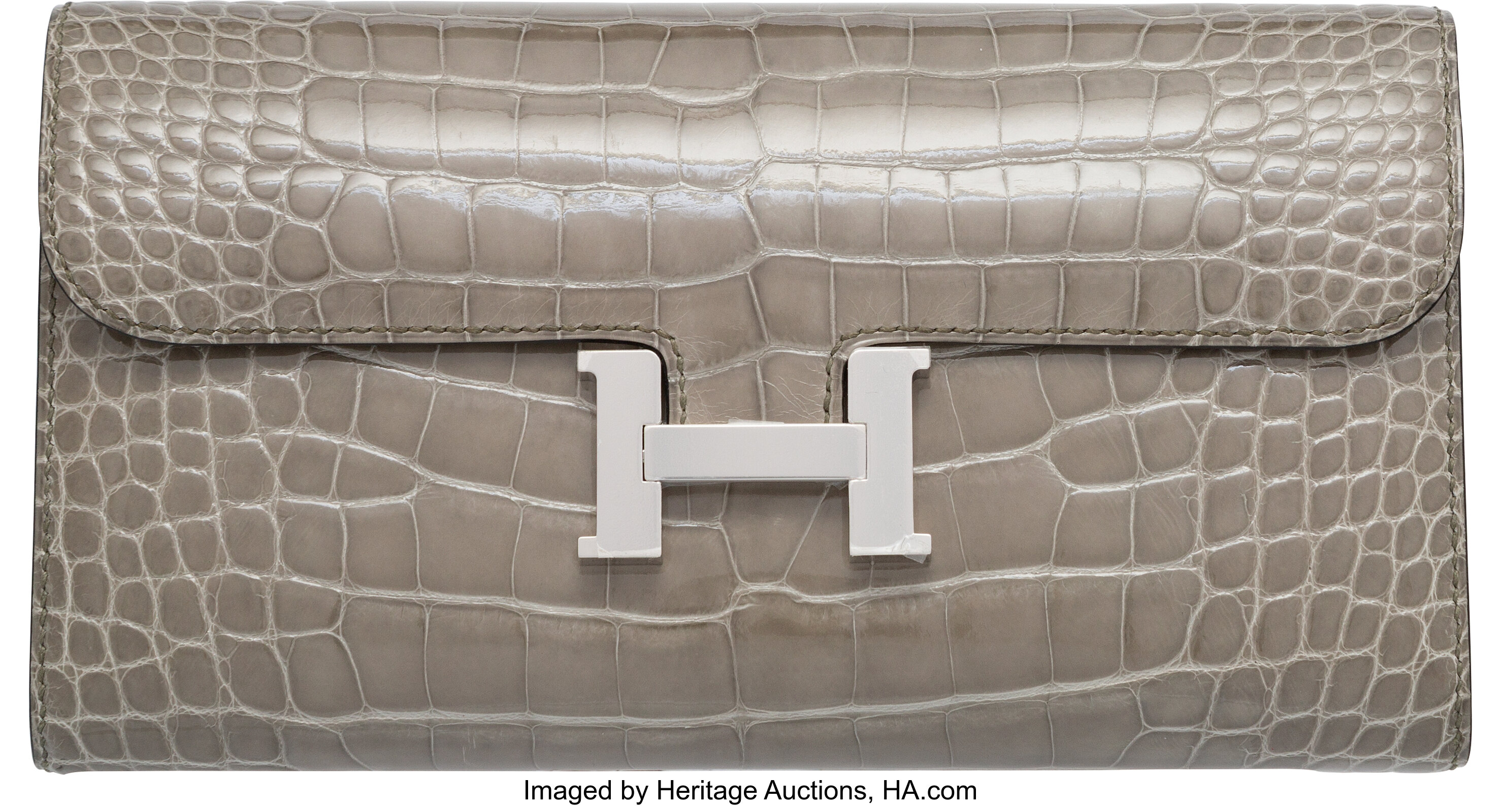 Hermes Shiny Alligator Lyn Clock Shoulder Bag Grey