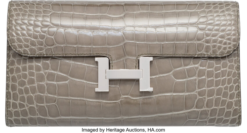 Hermes Shiny Gris Tourterelle Alligator Constance Elan Wallet with, Lot  #58123