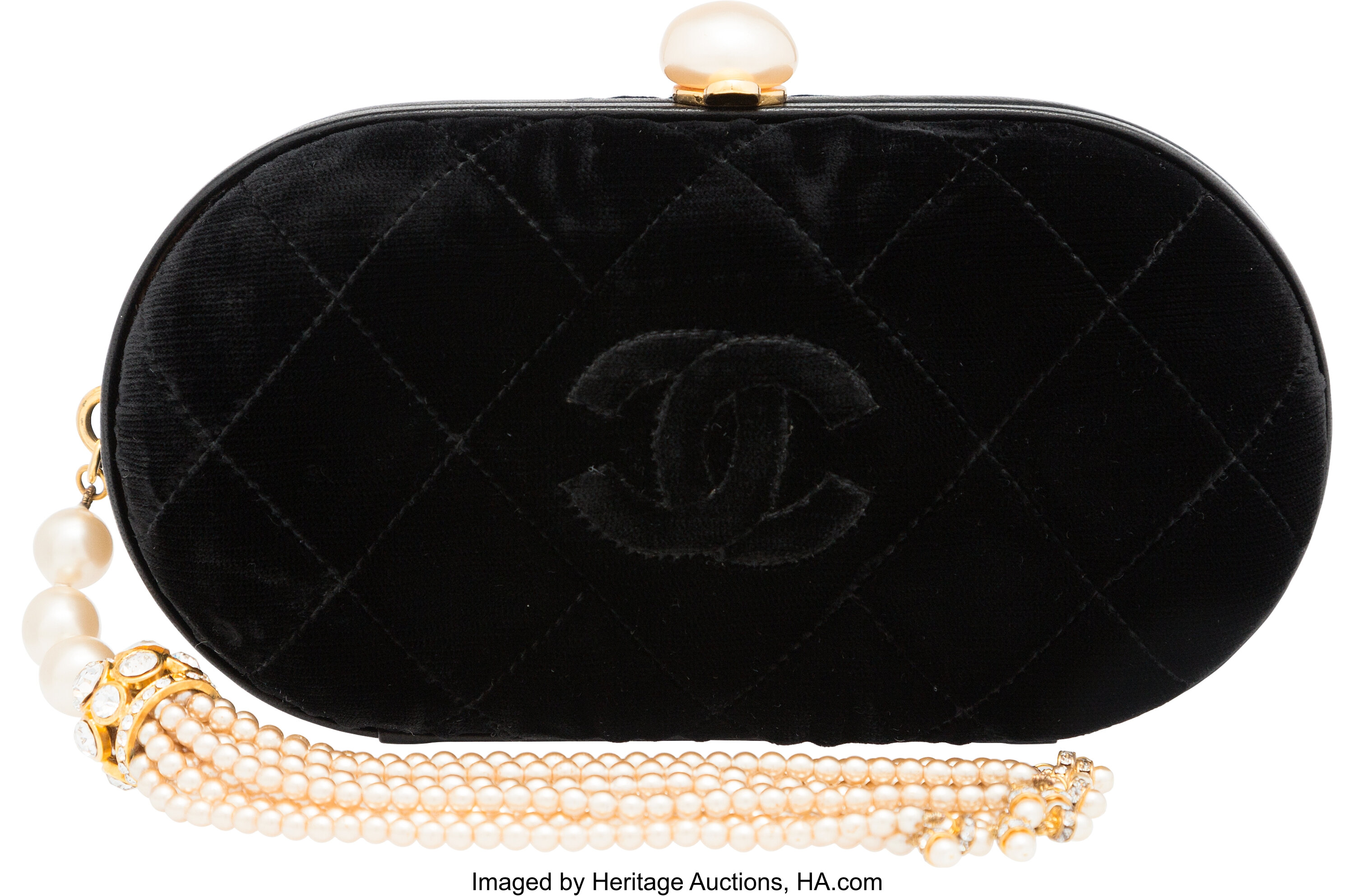 Chanel Black Quilted Velvet, Glass Pearl & Silver Crystal Oval