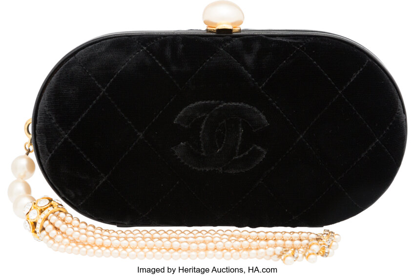 Vintage CHANEL Black Satin Pearls Diamante Dangling Clutch Bag Hand Bag
