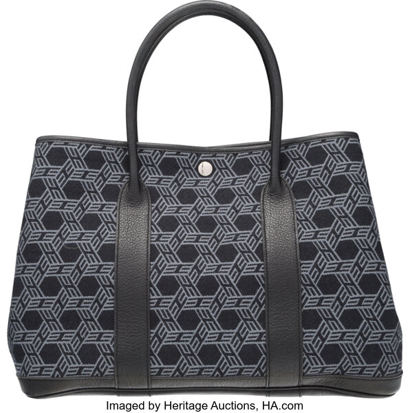 Hermes Hermes Garden Party MM Black Leather Gray Canvas Tote