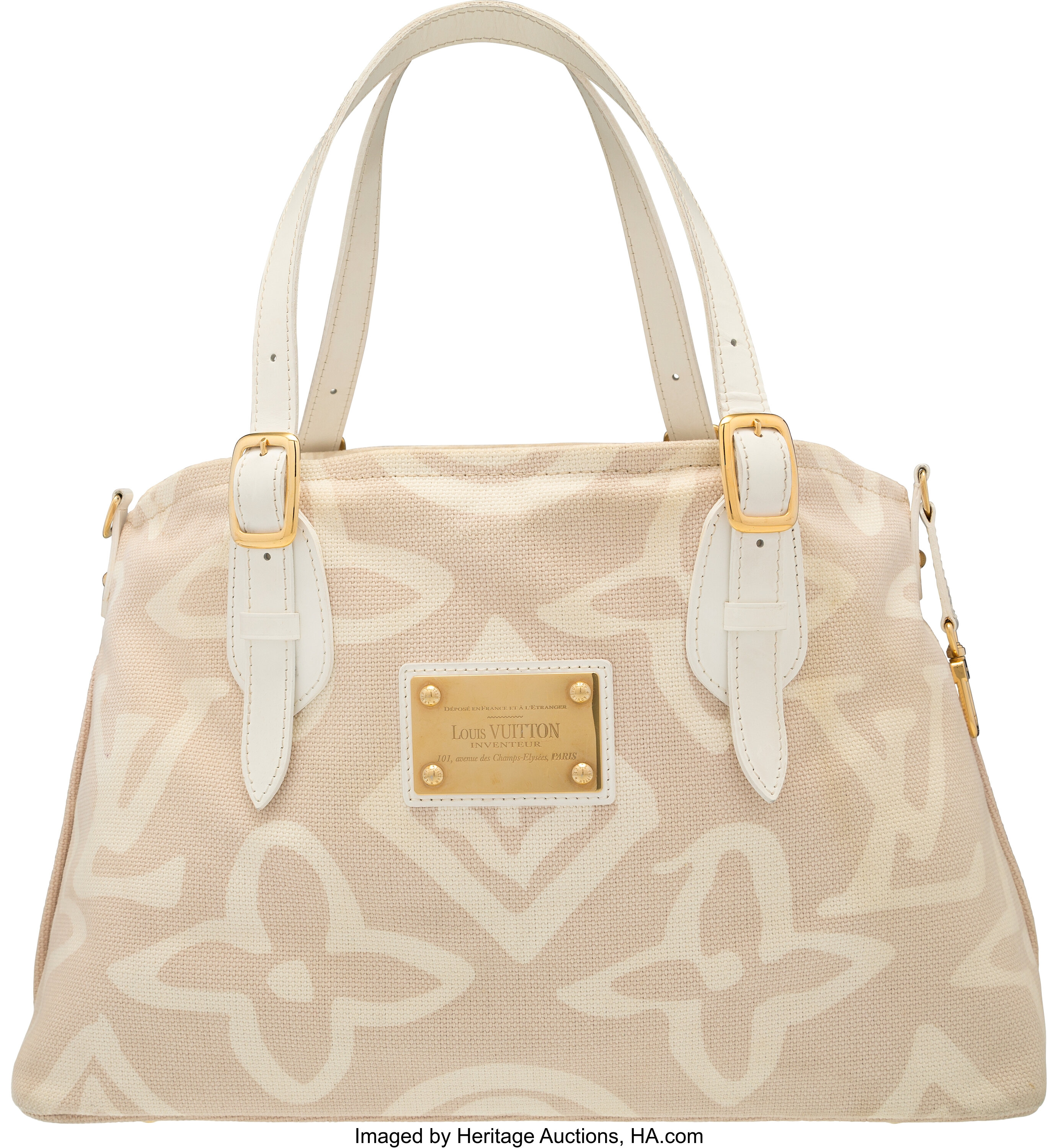 Louis Vuitton Beige & White Canvas Tote Bag. Very Good Condition