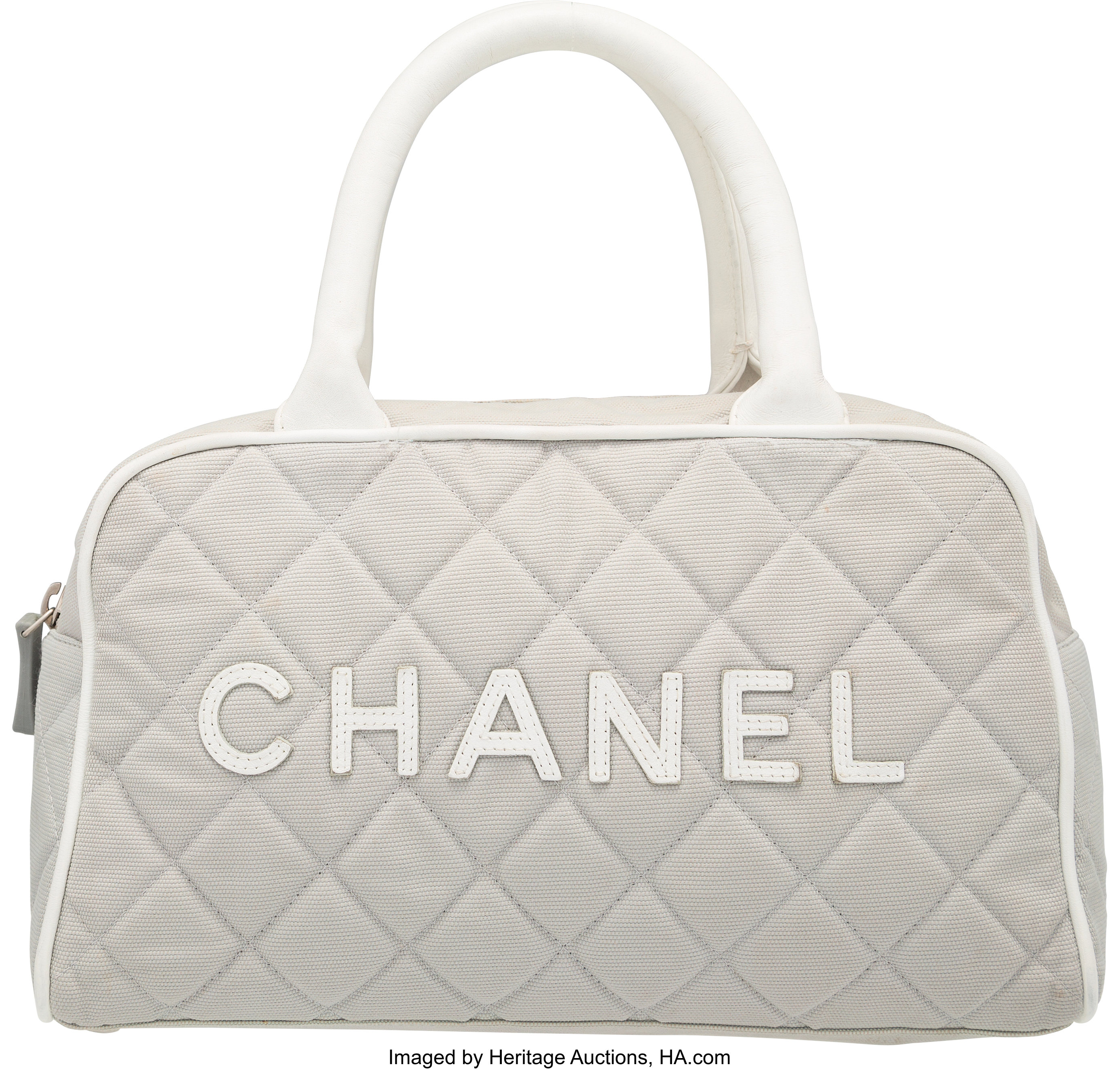 Chanel Gray & White Quilted Canvas Bowler Bag with Silver Hardware