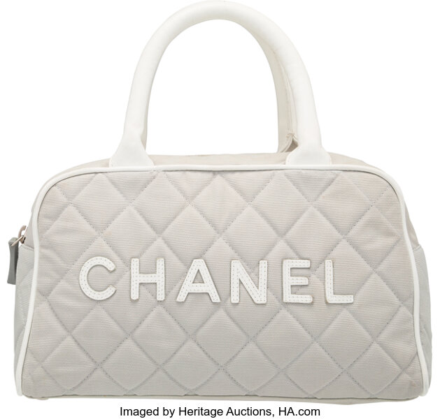 Chanel Gray & White Quilted Canvas Bowler Bag with Silver Hardware., Lot  #58576