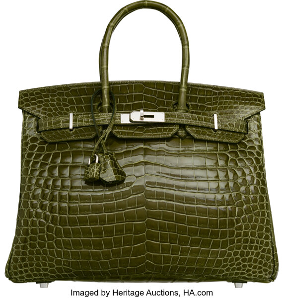 Hermes 35cm Shiny Vert Canopee Porosus Crocodile Birkin Bag with, Lot  #58163