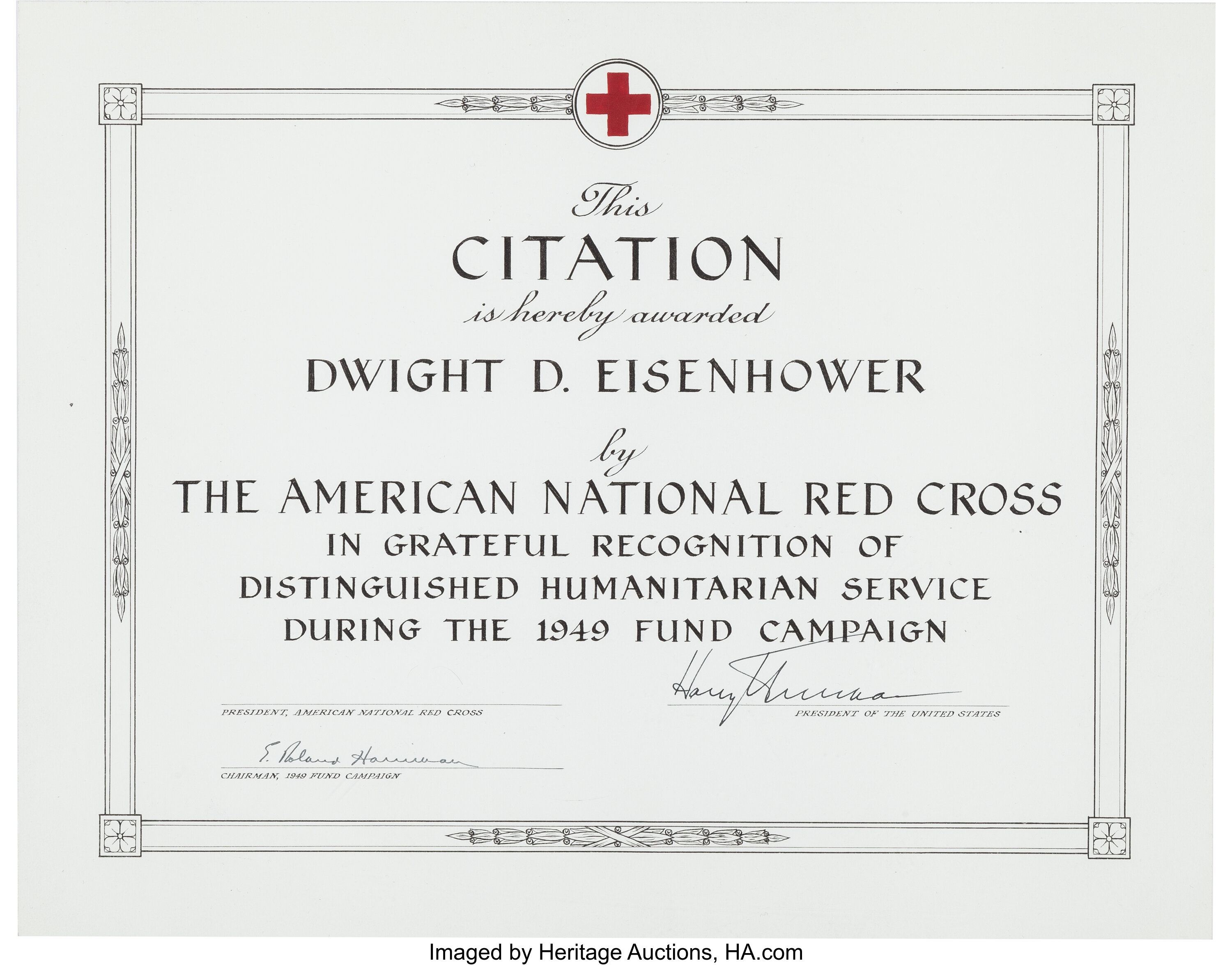 Harry S Truman Signed Red Cross Citation Awarded To Dwight D Lot Heritage Auctions