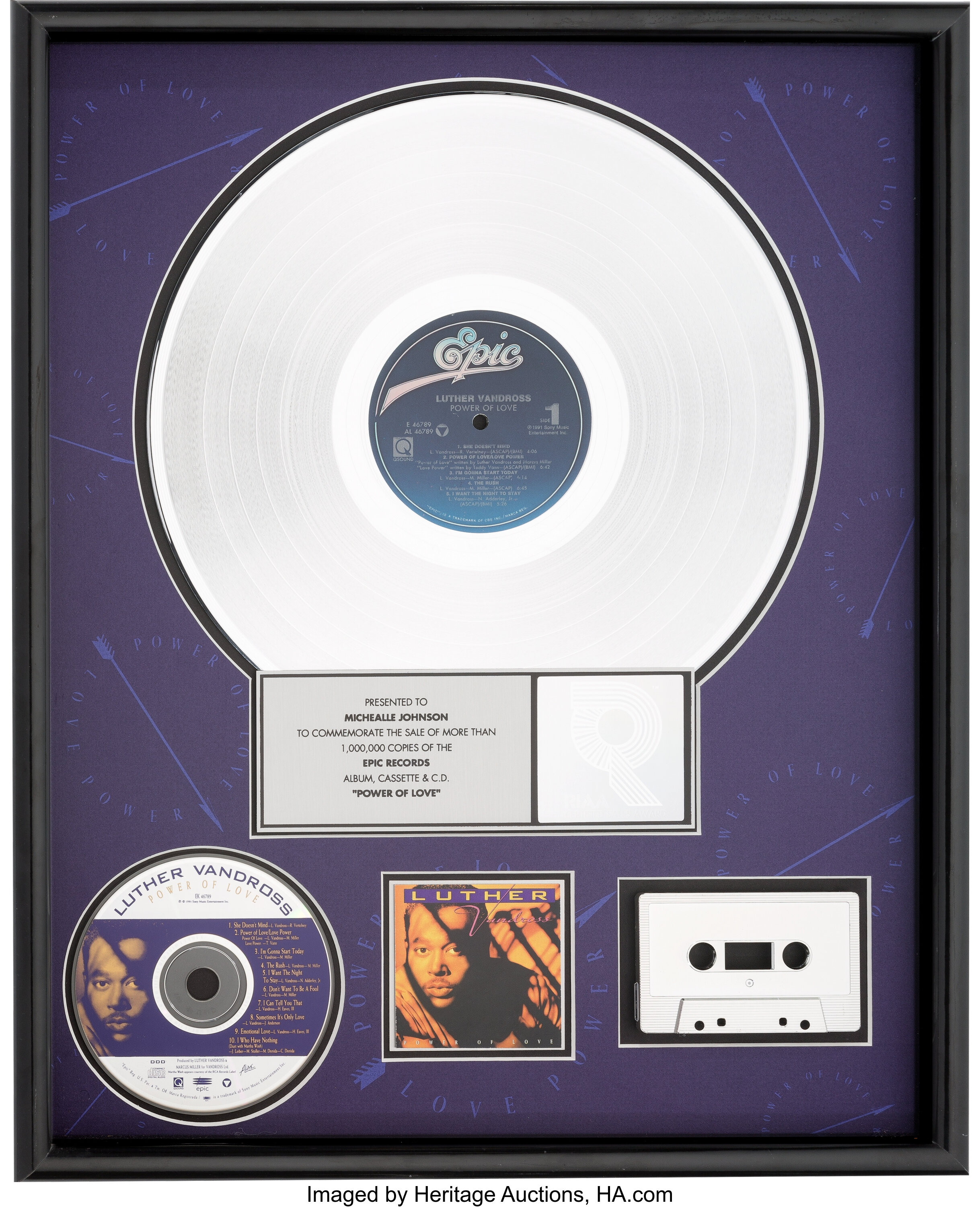 Luther Vandross Power of Love RIAA Platinum Album Award (Epic E