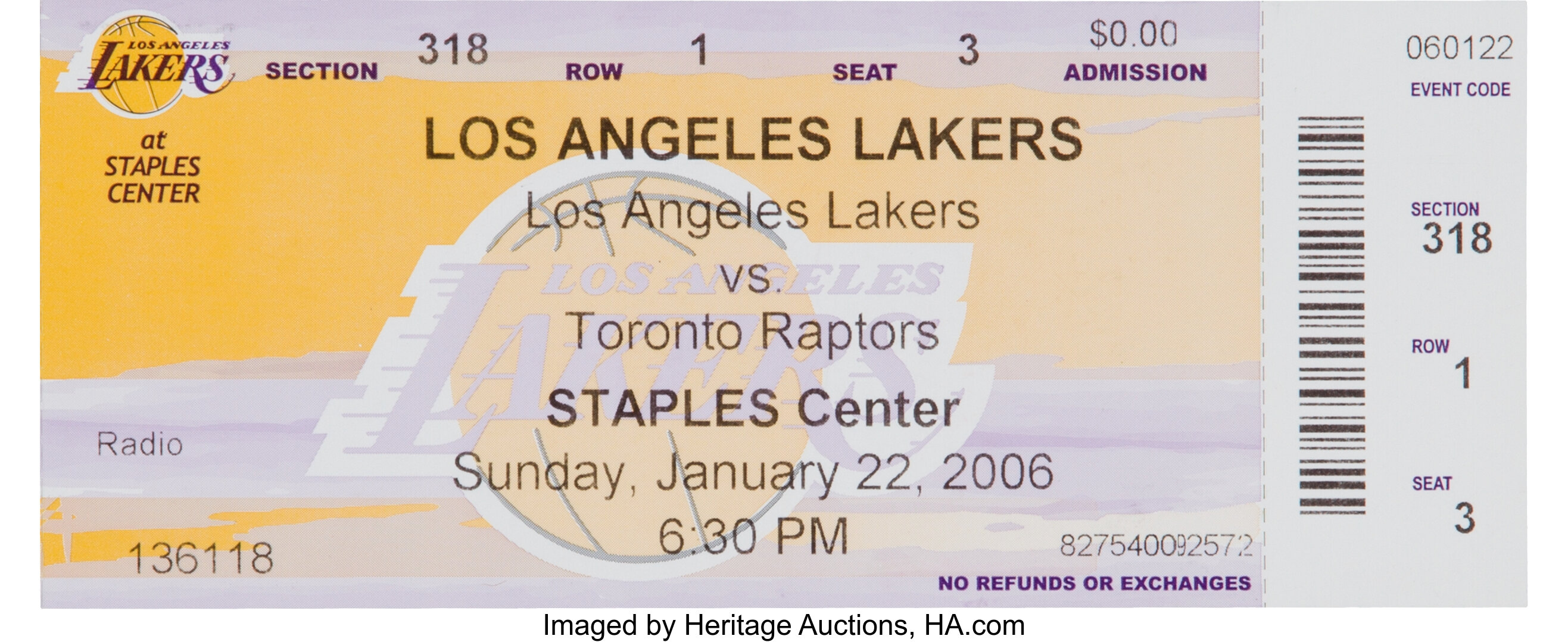 Kobe Bryant 81 Point Game 2006 / Full Ticket Lakers vs Raptors
